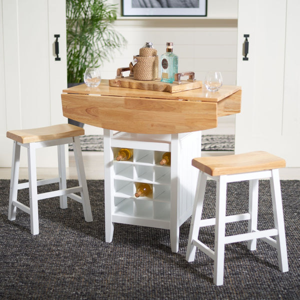 Safavieh Casey 3-Piece Drop-Leaf Pub Set With Built-In Wine Storage – Perfect For Compact Dining Spaces Natural/White AMH8504D