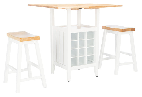 Safavieh Casey 3-Piece Drop-Leaf Pub Set With Built-In Wine Storage – Perfect For Compact Dining Spaces Natural/White AMH8504D