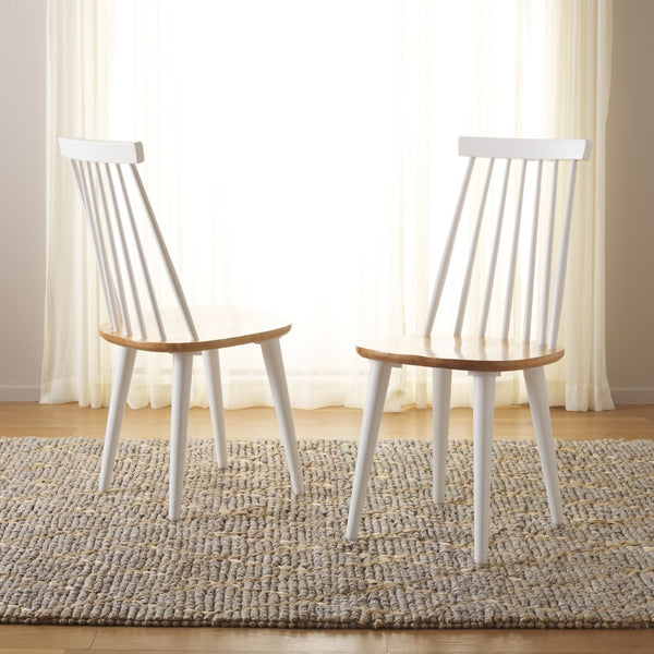 Safavieh BURRIS Contemporary Windsor-Style Side Chair Set of Two with Eco-Friendly Rubberwood Construction White / Natural AMH8511F-SET2