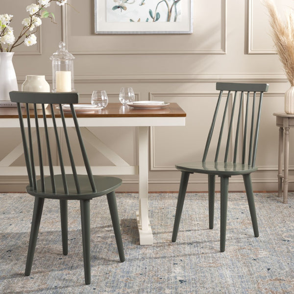 Safavieh BURRIS Contemporary Windsor-Style Side Chair Set of Two with Eco-Friendly Rubberwood Construction Dusty Green AMH8511H-SET2
