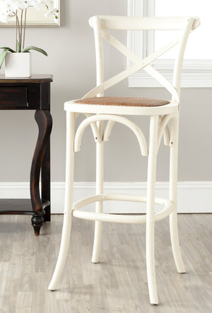 Safavieh Franklin Bar Stool - Elegant Cross-Back Bistro Design With Rattan Caning For Stylish Home Interiors Antique White AMH9502A