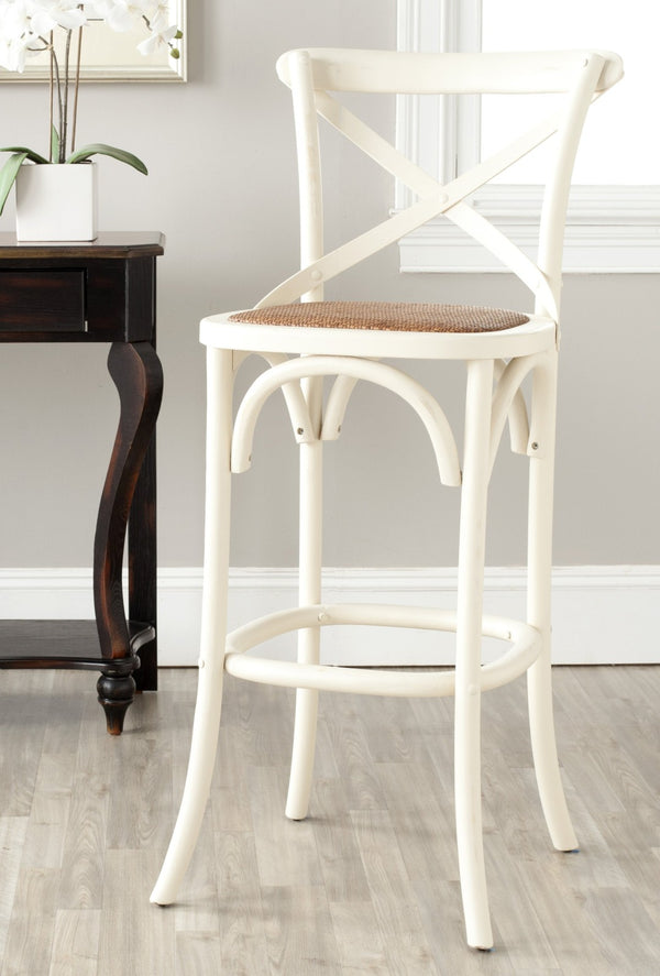 Safavieh Franklin Bar Stool - Elegant Cross-Back Bistro Design With Rattan Caning For Stylish Home Interiors Antique White AMH9502A