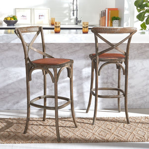Safavieh Franklin Bar Stool - Elegant Cross-Back Bistro Design With Rattan Caning For Stylish Home Interiors Weathered / Grey AMH9502D