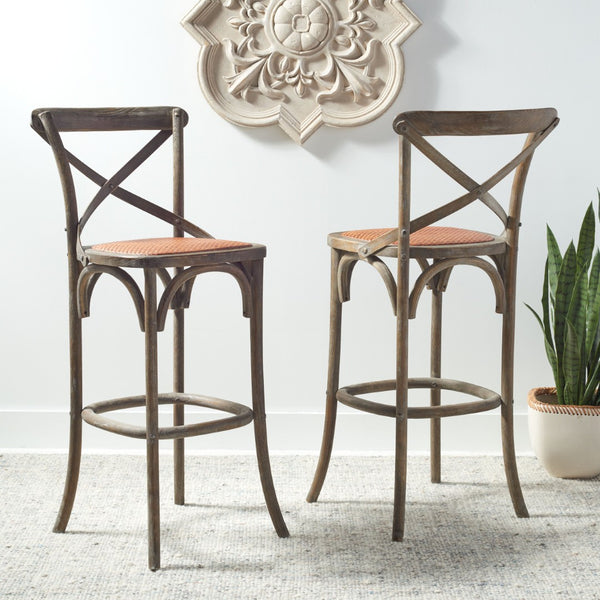 Safavieh Franklin Bar Stool - Elegant Cross-Back Bistro Design With Rattan Caning For Stylish Home Interiors Weathered / Grey AMH9502D