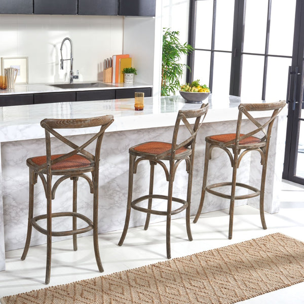 Safavieh Franklin Bar Stool - Elegant Cross-Back Bistro Design With Rattan Caning For Stylish Home Interiors Weathered / Grey AMH9502D