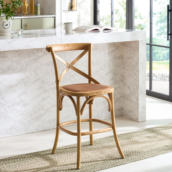 Safavieh Franklin Counter Stool - Timeless X-Back Design, Distressed Finish, Perfect For Kitchen Or Dining Spaces Weathered Oak AMH9504C