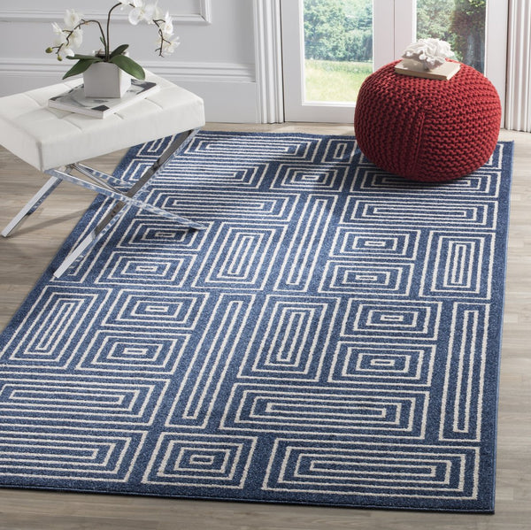 Safavieh Amherst Navy Ivory Maze Rug 7' Square - Power-Loomed Low-Profile 3/8" Pile Durable Modern Style AMT430P-7SQ