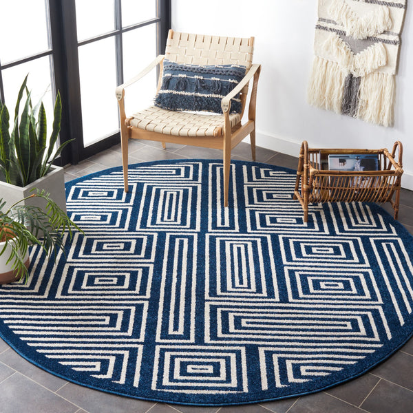 Safavieh Amherst Navy Ivory Maze Rug 7' Square - Power-Loomed Low-Profile 3/8" Pile Durable Modern Style AMT430P-7SQ