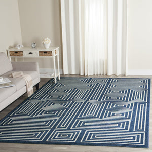 Safavieh Amherst Navy Ivory Maze Rug 7' Square - Power-Loomed Low-Profile 3/8" Pile Durable Modern Style AMT430P-7SQ