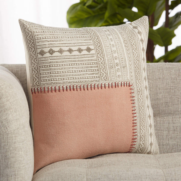 Jaipur Living Vibe by Jaipur Living Ayami Hand Embroidered Cotton Tribal Throw Pillow for Boho Rooms Light Pink / Cream Poly Fill PLW103657