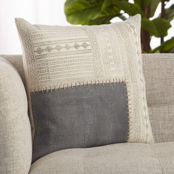Jaipur Living Vibe by Jaipur Living Ayami Hand Embroidered Cotton Tribal Throw Pillow for Boho Rooms Gray / Cream Poly Fill PLW103658