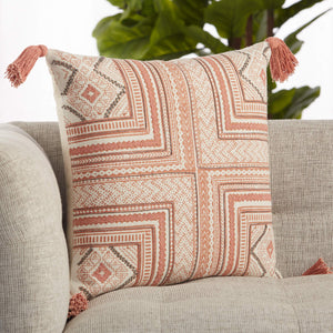 Jaipur Living Vibe by Jaipur Living Saskia Hand Embroidered Cotton Tribal Pillow Cover with Tassels Pink PLC102392
