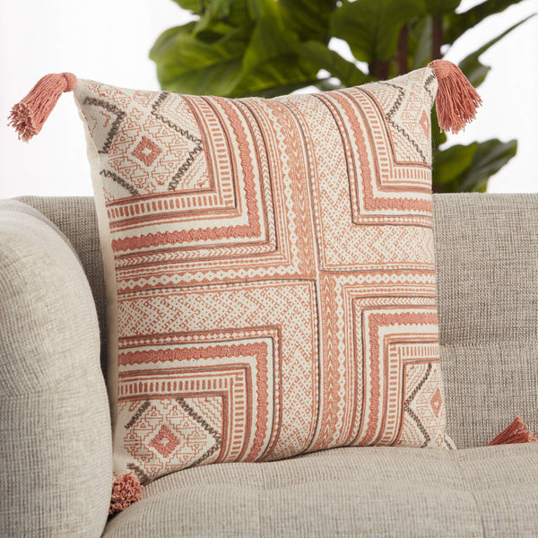 Jaipur Living Vibe by Jaipur Living Saskia Hand Embroidered Cotton Tribal Pillow Cover with Tassels Pink PLC102392
