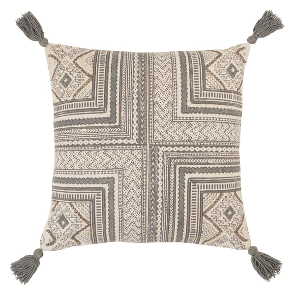 Jaipur Living Vibe by Jaipur Living Saskia Hand Embroidered Cotton Tribal Pillow Cover with Tassels Gray PLC102393