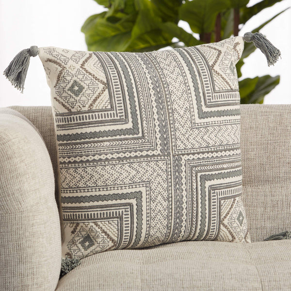 Jaipur Living Vibe by Jaipur Living Saskia Hand Embroidered Cotton Tribal Pillow Cover with Tassels Gray PLC102393