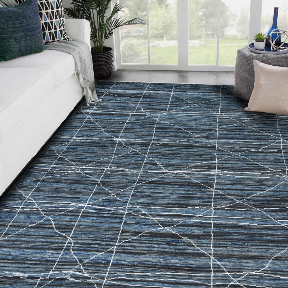 AMER Rugs Anna  ANN-4 Hand-Knotted Handmade Raw Handspun New Zealand Wool Transitional Geometric Rug Navy Blue 2'6" x 8'