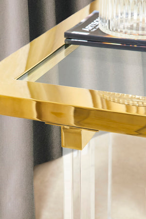 Pasargad Home Vicenza Modern Lucite Side Table – Stylish Gold Stainless Steel & Clear Glass Design White Lucite Ar-403