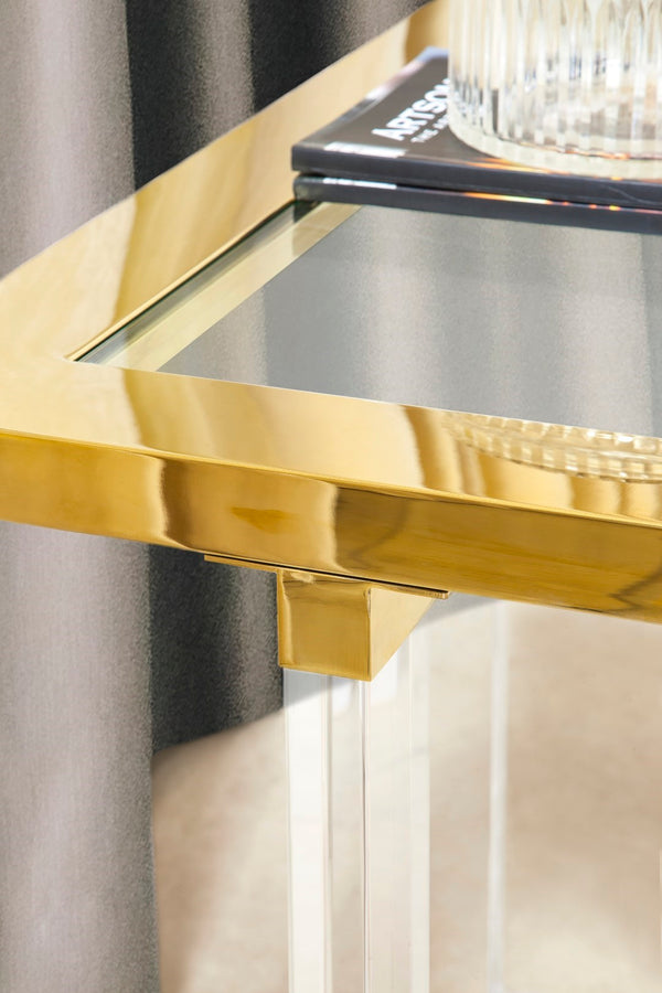 Pasargad Home Vicenza Modern Lucite Side Table – Stylish Gold Stainless Steel & Clear Glass Design White Lucite Ar-403