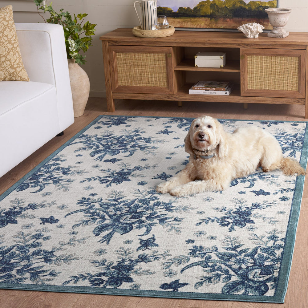 Safavieh Aria Ivory And Blue Floral Area Rug — Low-Profile Power-Loomed Turkish Design, Durable Softlux Finish 5'-0" x 6'-7" ARA125B-5