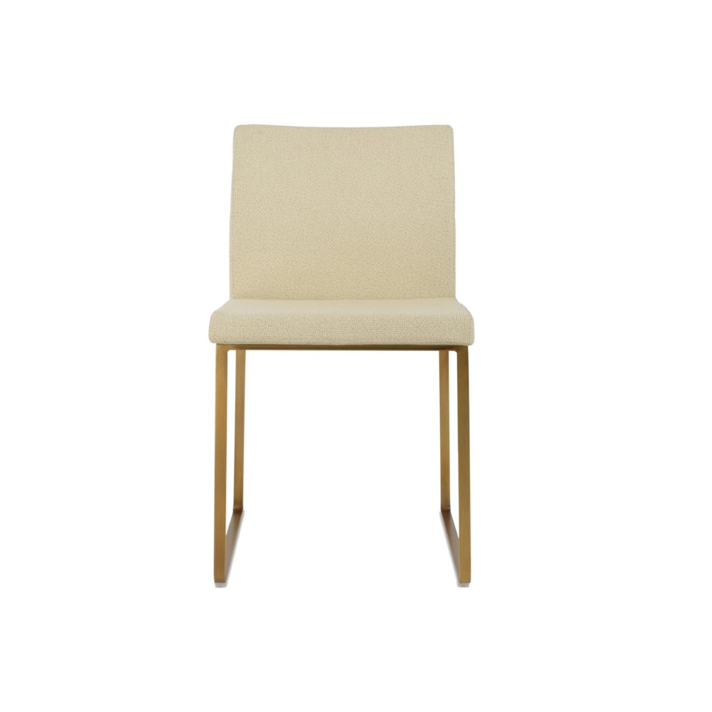 Soho Concept Aria Sled Dining Chair In Camira Yoredale Boucle Fabric & Genuine Leather - 10-year Warranty, Chic Design Brass,Beige  Soho-concept-dining-chair-00503