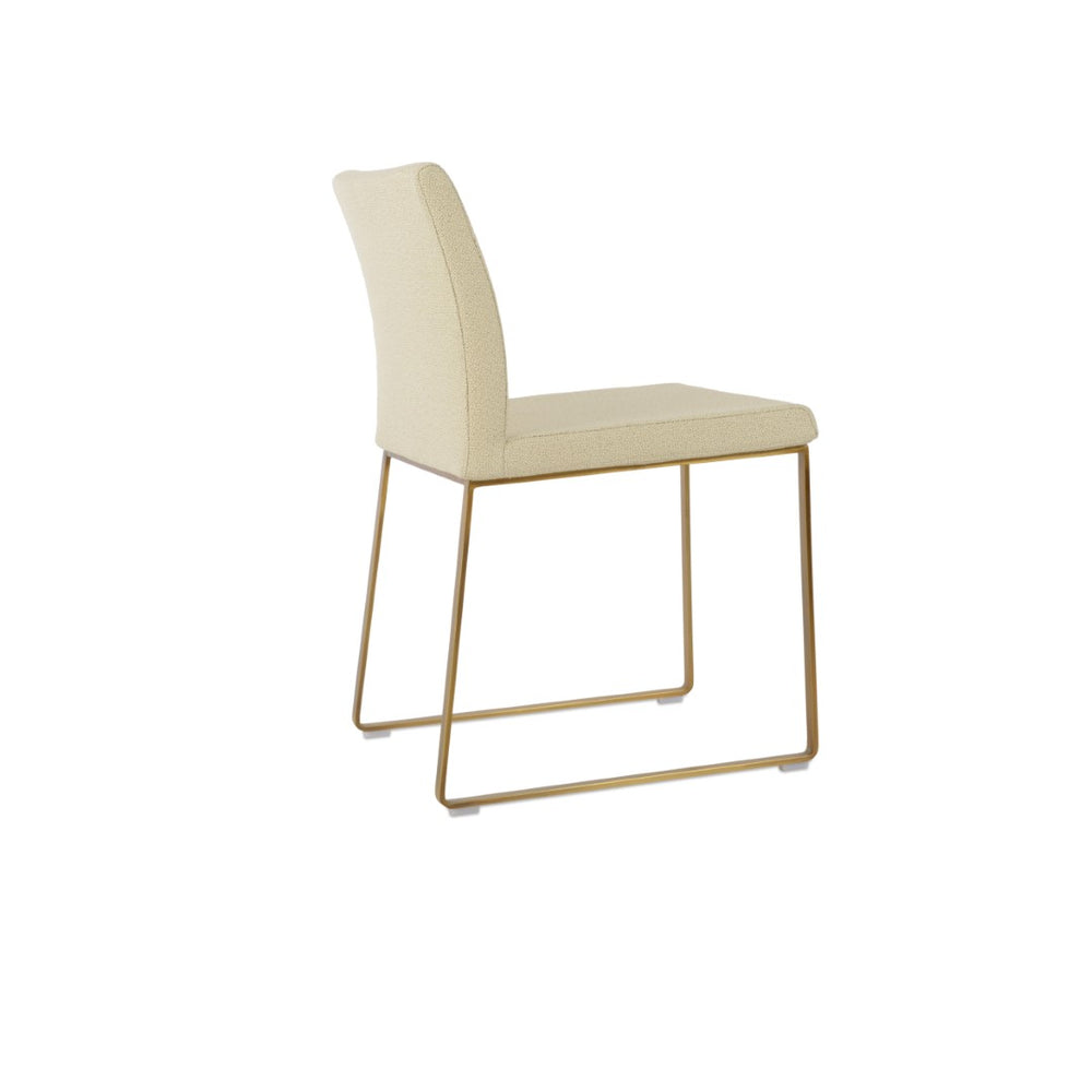 Soho Concept Aria Sled Dining Chair In Camira Yoredale Boucle Fabric & Genuine Leather - 10-year Warranty, Chic Design Brass,Beige  Soho-concept-dining-chair-00503