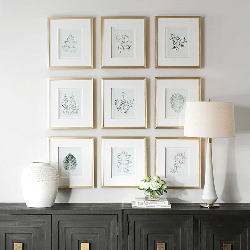 Uttermost Nature's Script - Elegant Set Of 9 Framed Botanical Prints With Gold Gallery Frame Gold,Green,White Plastic,Glass,Mdf,Paper 32449