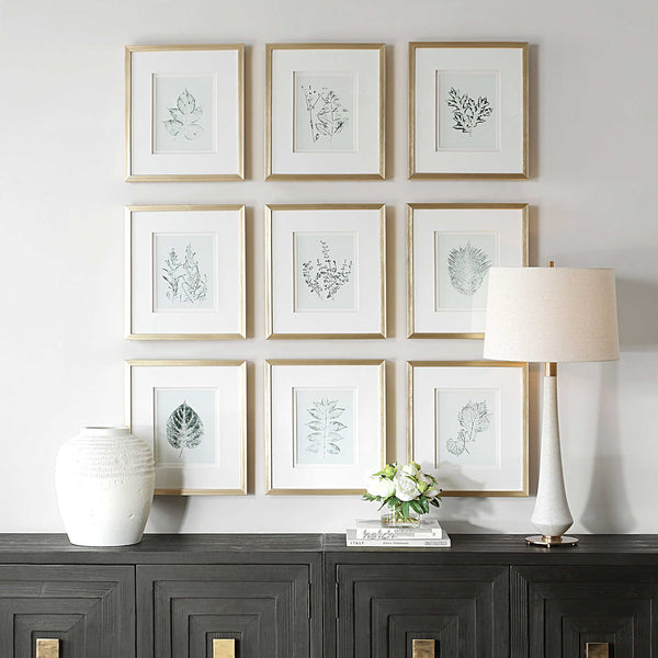 Uttermost Nature's Script - Elegant Set Of 9 Framed Botanical Prints With Gold Gallery Frame Gold,Green,White Plastic,Glass,Mdf,Paper 32449