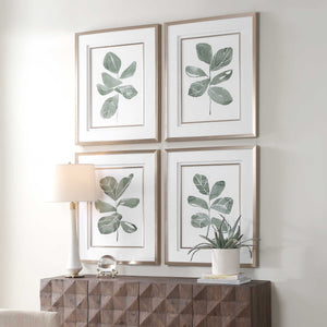 Uttermost Fiddle Leaf Botanical Prints Set Of 4 - Elegant Framed Art With Golden Accents & Glass Gold,Green,White Plastic,Mdf,Glass,Paper 32454