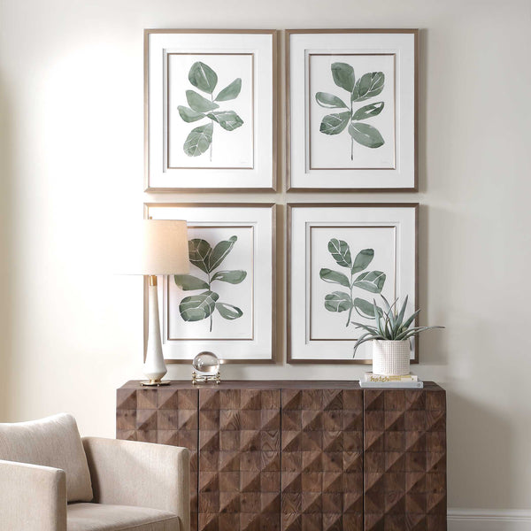 Uttermost Fiddle Leaf Botanical Prints Set Of 4 - Elegant Framed Art With Golden Accents & Glass Gold,Green,White Plastic,Mdf,Glass,Paper 32454