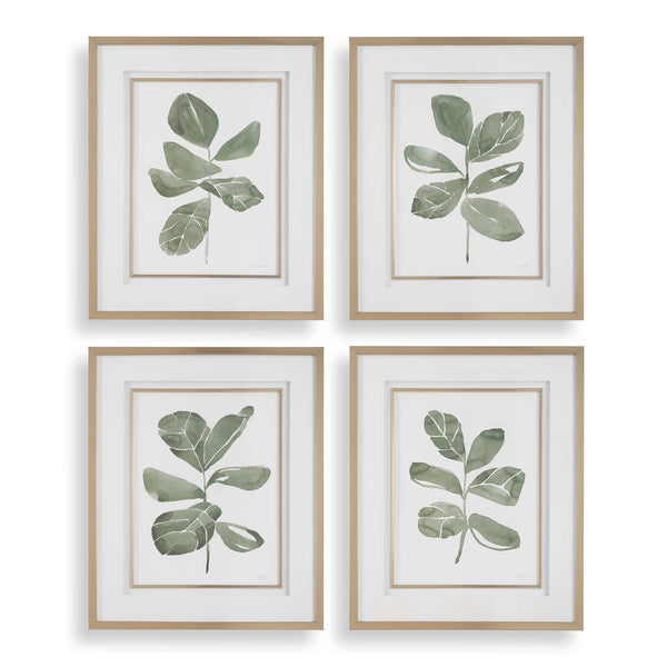 Uttermost Fiddle Leaf Botanical Prints Set Of 4 - Elegant Framed Art With Golden Accents & Glass Gold,Green,White Plastic,Mdf,Glass,Paper 32454