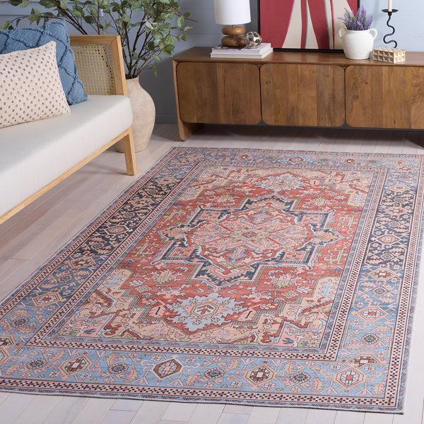 Safavieh Arizona Rust And Blue Power-Loomed Polyester Area Rug — Low-Profile, Stain-Resistant, Slip-Safe 6'-0" x 9'-0" ARZ200P-6
