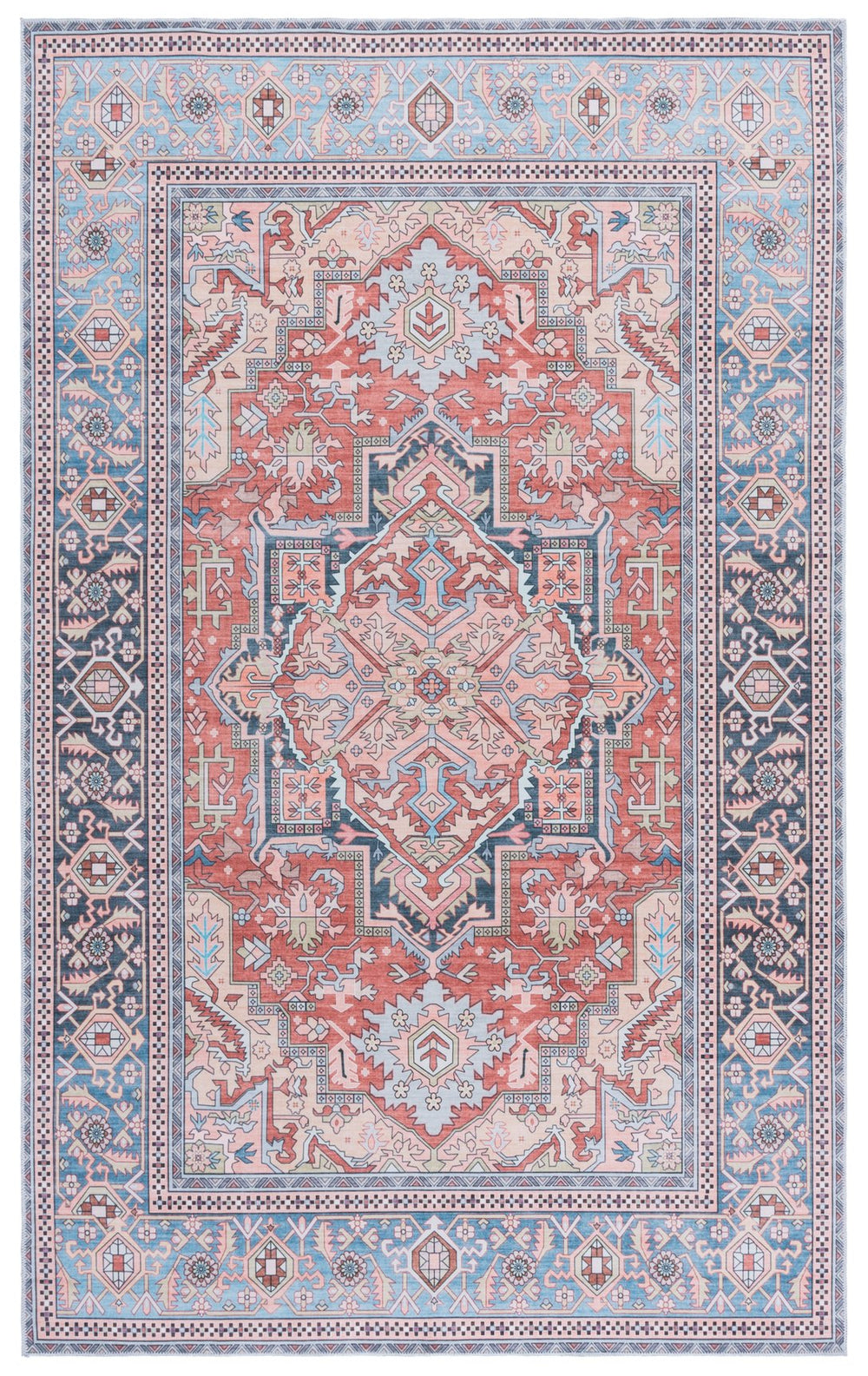 Safavieh Arizona Power-Loomed Rust And Blue Oriental Area Rug, Low-Profile Polyester, Washable, Slip-Resistant 4'-0" x 6'-0" ARZ200P-4