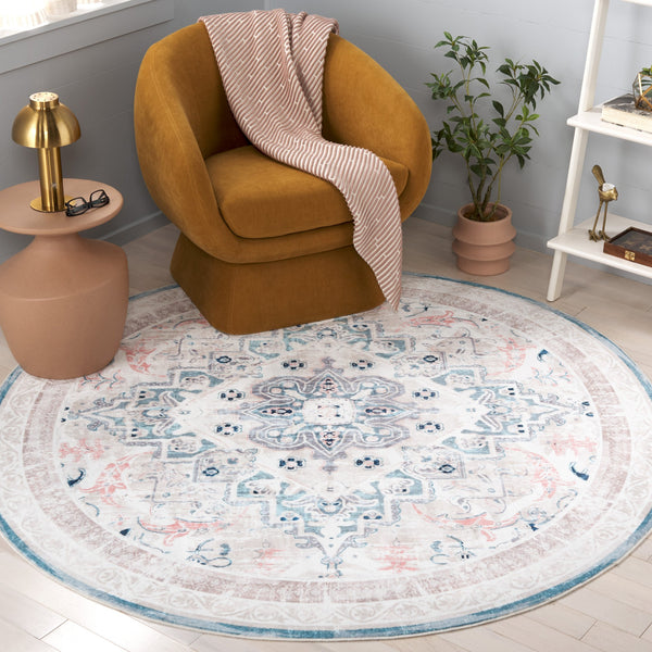 Safavieh Arizona Round Area Rug In Ivory And Aqua — Washable, Low-Profile Polyester Medallion Rug With Slip-Resistant Backing 8'-0" x 8'-0" ARZ324A-8R