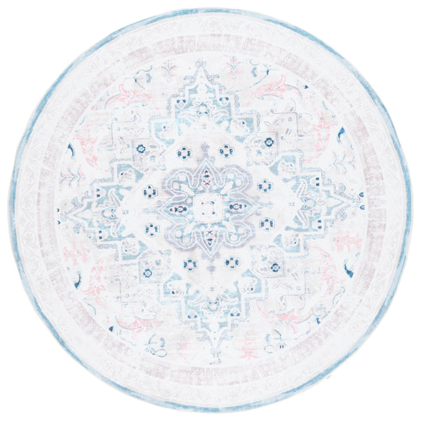 Safavieh Arizona Round Area Rug In Ivory And Aqua — Washable, Low-Profile Polyester Medallion Rug With Slip-Resistant Backing 8'-0" x 8'-0" ARZ324A-8R
