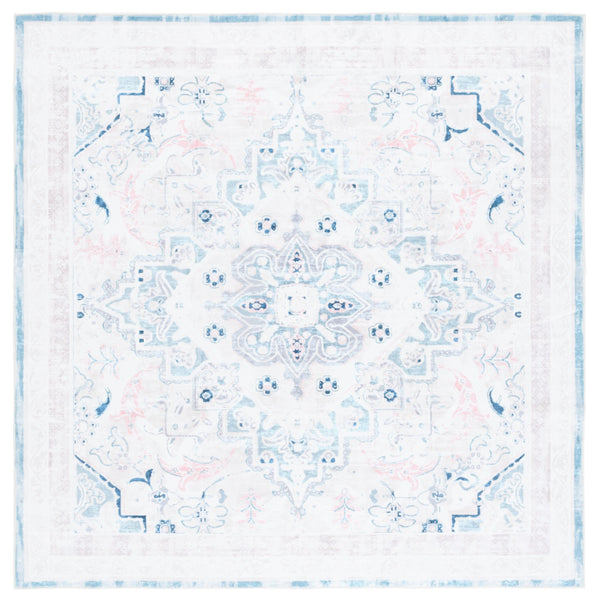 Safavieh Arizona Round Area Rug In Ivory And Aqua — Washable, Low-Profile Polyester Medallion Rug With Slip-Resistant Backing 8'-0" x 8'-0" ARZ324A-8R