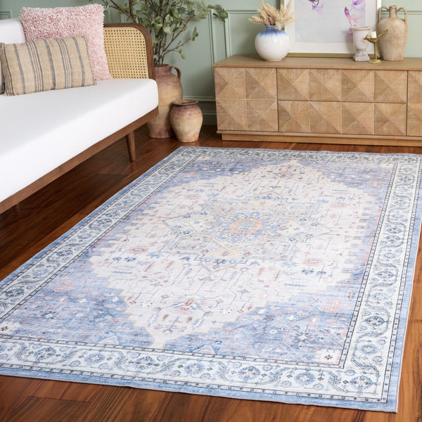 Safavieh Arizona Soft Beige & Light Blue Square Rug With Low-Profile Pile, Durable Polyester, Washable Elegance 6'-0" x 6'-0" ARZ333L-6SQ