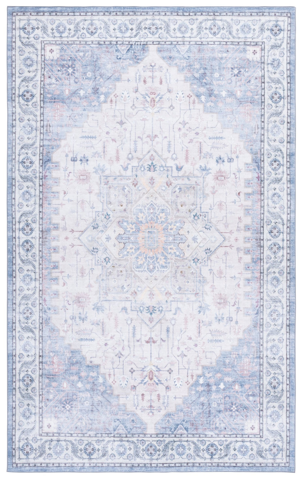 Safavieh Arizona Low-Profile Beige And Light Blue Area Rug — Power-Loomed Polyester, Slim 0.25" Pile, Washable, Slip-Resistant 5'-0" x 8'-0" ARZ333L-5