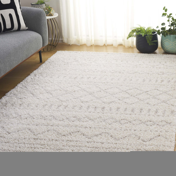 Safavieh Arizona Plush Shag Area Rug Ivory Beige With Geometric Tribal Motif — Power-Loomed Turkish Quality 6'-0" x 8'-0" ASG741A-68