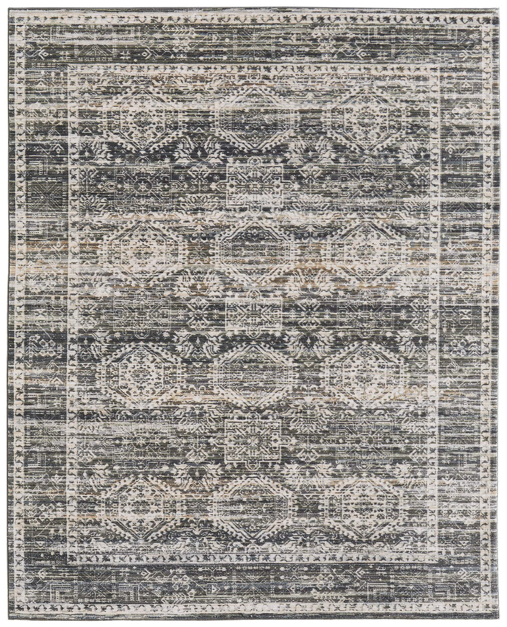 Feizy Rugs Augustine Medallion Area Rug Distressed Vintage Look Polypropylene Living Room Accent Black/Ivory/Green 5' x 7'6" AUG39TUFBLKMLTE70