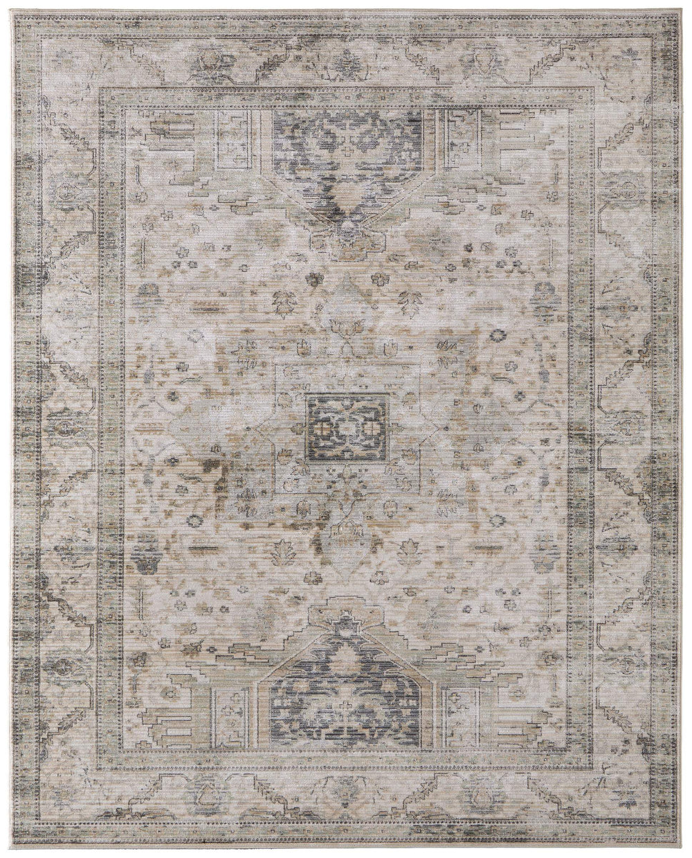 Feizy Rugs Augustine Medallion Distressed Traditional Area Rug Vintage Appeal for Living Rooms Tan/Green/Ivory 5' x 7'6" AUG39TVFBGEGRNE70