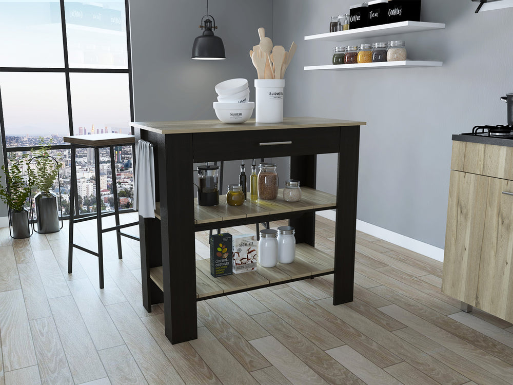 English Elm Cala Kitchen Island 40" Black/Light Oak — Prep Surface, Drawer, 2 Open Shelves & Towel Rack, Stylish Storage B07092028
