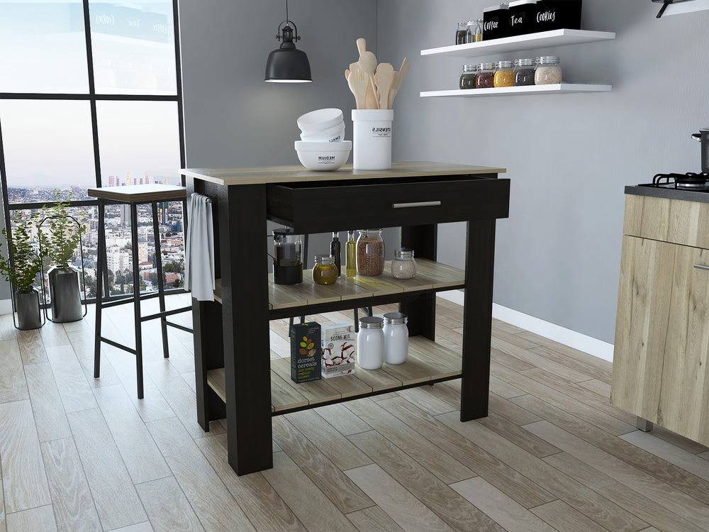 English Elm Cala Kitchen Island 40" Black/Light Oak — Prep Surface, Drawer, 2 Open Shelves & Towel Rack, Stylish Storage B07092028