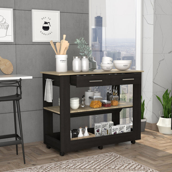 English Elm Cala Kitchen Island With Six Casters, Two Drawers & Open Shelf - Stylish Black & Light Oak Design B07092030