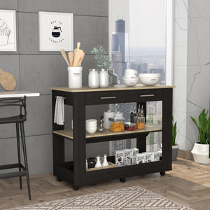 English Elm Cala Kitchen Island - Mobile Black & Light Oak Countertop With Drawers & Open Shelves For Storage B20092030