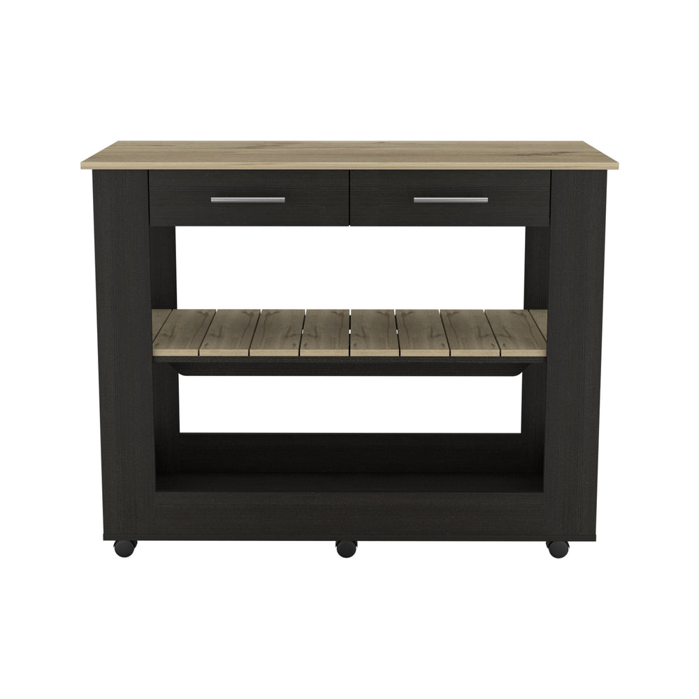 English Elm Cala Kitchen Island - Mobile Black & Light Oak Countertop With Drawers & Open Shelves For Storage B20092030