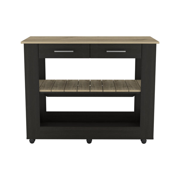 English Elm Cala Kitchen Island - Mobile Black & Light Oak Countertop With Drawers & Open Shelves For Storage B20092030