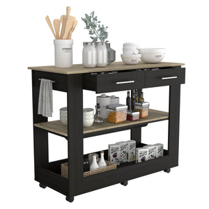 English Elm Cala Kitchen Island - Mobile Black & Light Oak Countertop With Drawers & Open Shelves For Storage B20092030