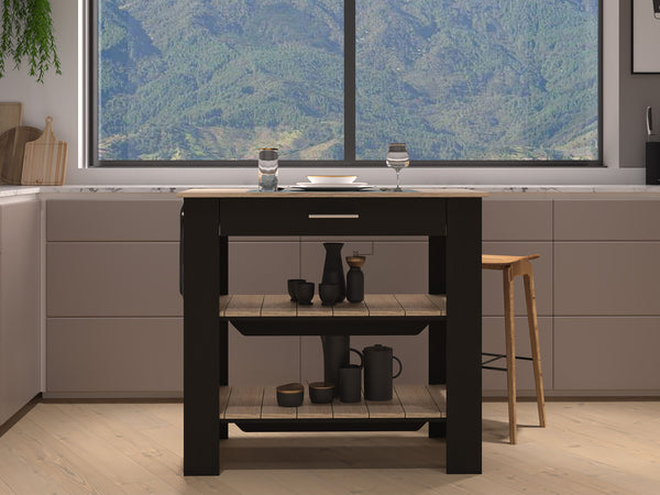 English Elm Kitchen Island With Open Shelves, Drawer, Towel Hanger, Black & Light Oak Finish For Versatile Style B097132959