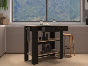 English Elm Kitchen Island With Open Shelves, Drawer, Towel Hanger, Black & Light Oak Finish For Versatile Style B097132959