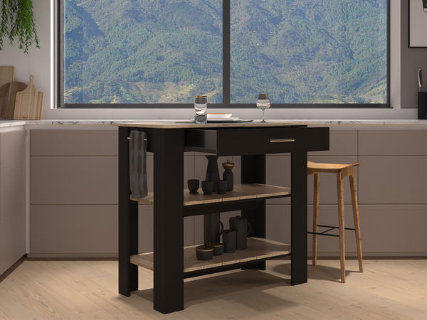 English Elm Kitchen Island With Open Shelves, Drawer, Towel Hanger, Black & Light Oak Finish For Versatile Style B097132959